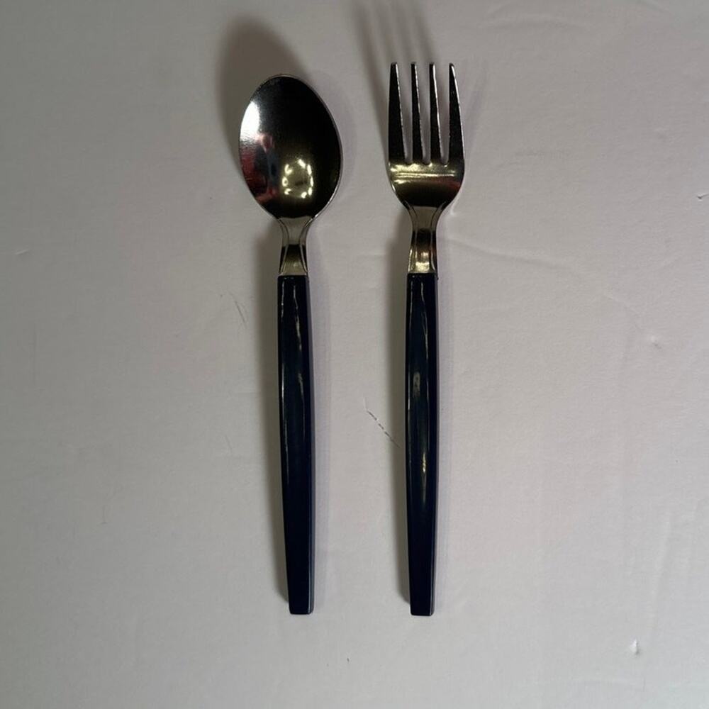Set of 14 VTG MCM Stainless Blue Plastic Handle 6" Childs Flatware Silverware